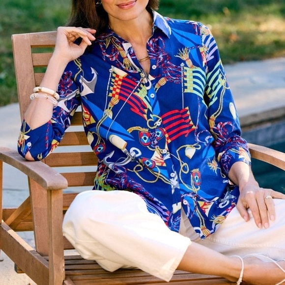 NWT - Foxcroft Zoey Linen Nautical Flags 3/4 Sleeve Shirt - Picture 2 of 14